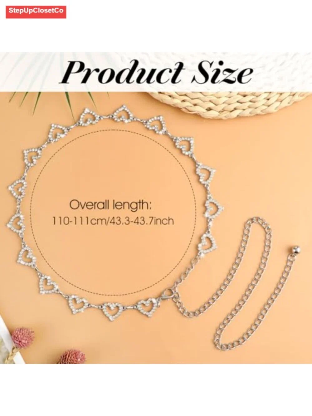 Women's Adjustable Rhinestone Heart Shaped Chain Belt, 110cm Waist Necklace 2